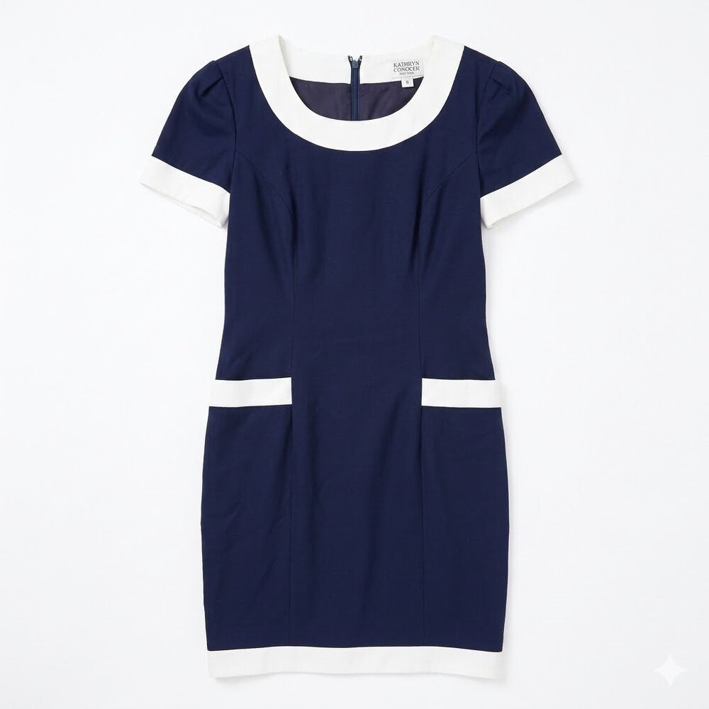 Kathryn Conover Vintage 60s Style Mod Colorblock Sheath Dress Navy Blue White 6